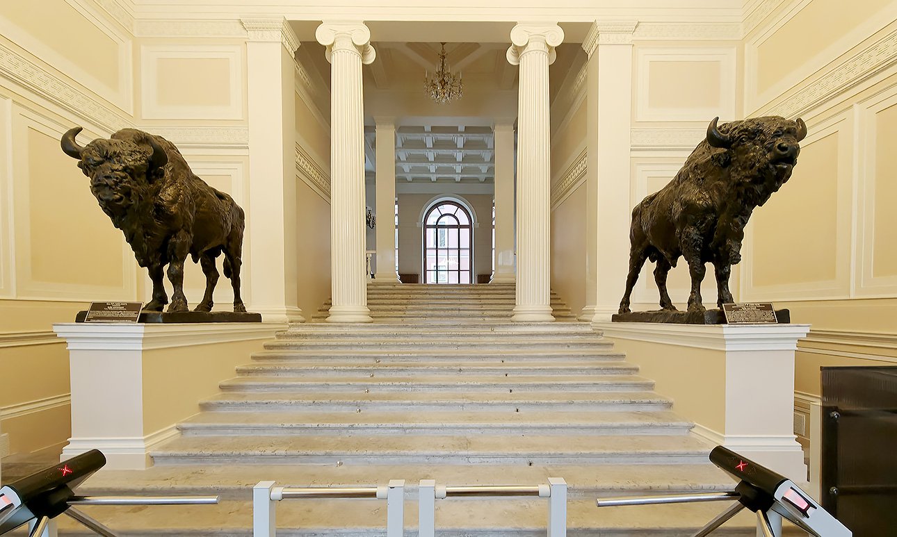 Фигура «Зубра мычащего» (справа от лестницы) — работы Гуго Залемана, а «Зубра шагающего» (слева) — Роберта Баха. Фото: Анастасия Львова/Wikimedia