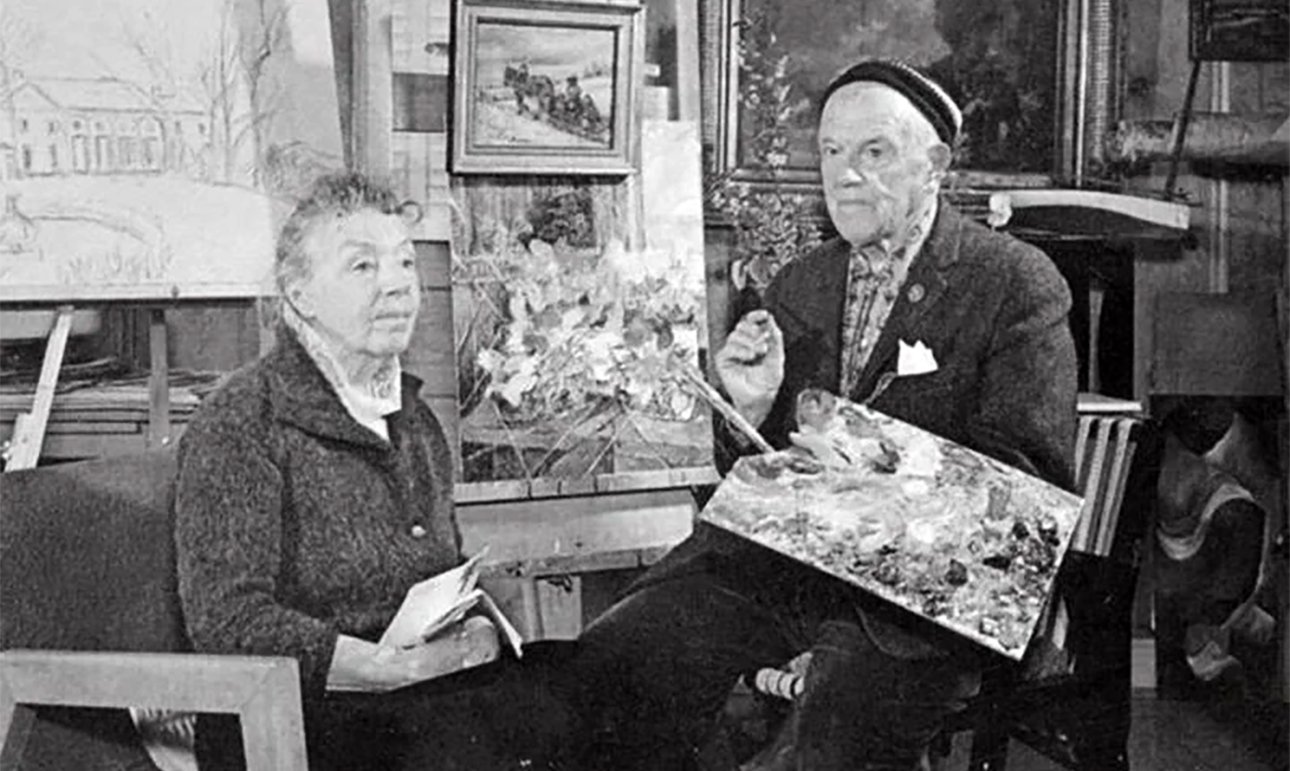 Давид и Маруся Бурлюк в студии в доме в Хамптон-Бейс в 1960-е.  Фото: Hampton Bays Historical Society