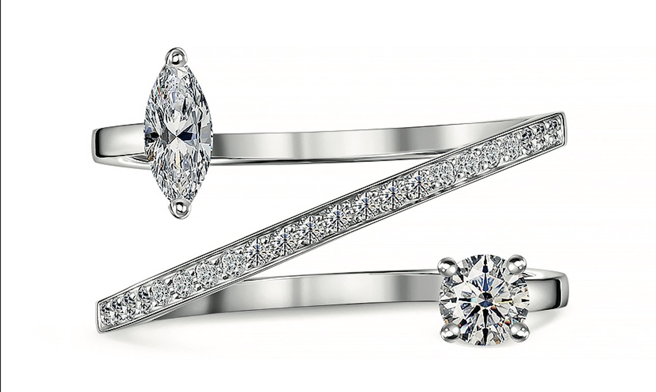 Спиралевидное кольцо с бриллиантами огранки «круг» и «маркиз» и бриллиантовым паве.  Фото: ALROSA Diamonds