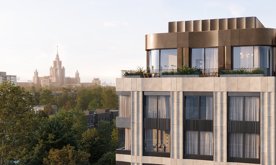 Проект «Резиденция Омега» и вид на главный корпус МГУ им. М.В. Ломоносова.  Фото: AURIX