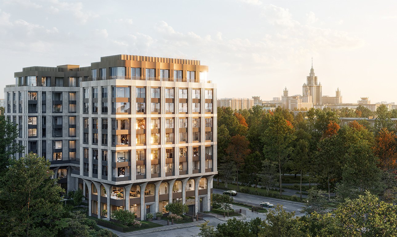 Проект «Резиденция Омега» и вид на главный корпус МГУ им. М.В. Ломоносова. Фото: AURIX