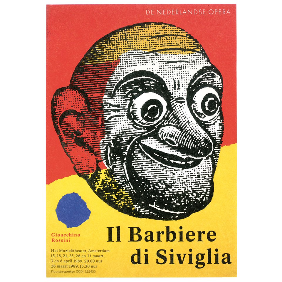 Плакат оперы Россини «Севильский цирюльник». Лис Рос и Роб Схрёдер, студия Wild Plakken. Амстердам, Нидерландская опера, 1989. Фото: Издательство Студии Артемия Лебедева