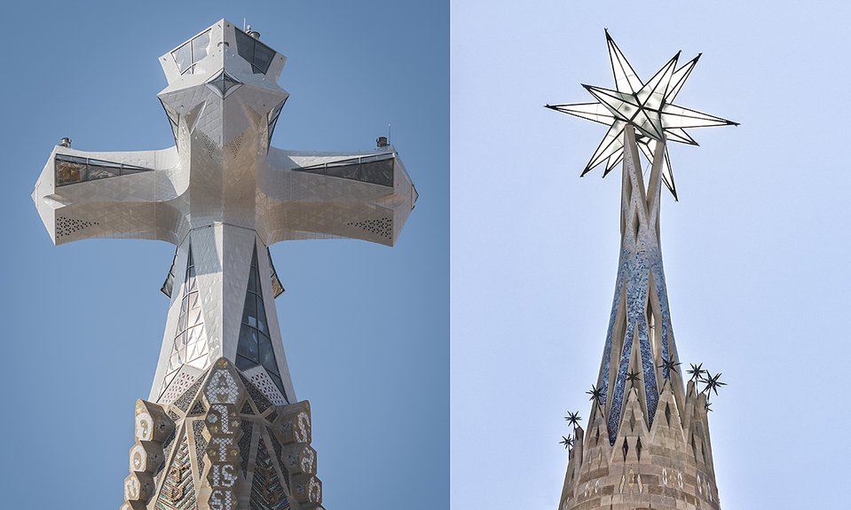 Крест на башне Иисуса Христа. Башня Девы Марии.  Фото: Fundació Junta Constructora del Temple Expiatori de la Sagrada Família