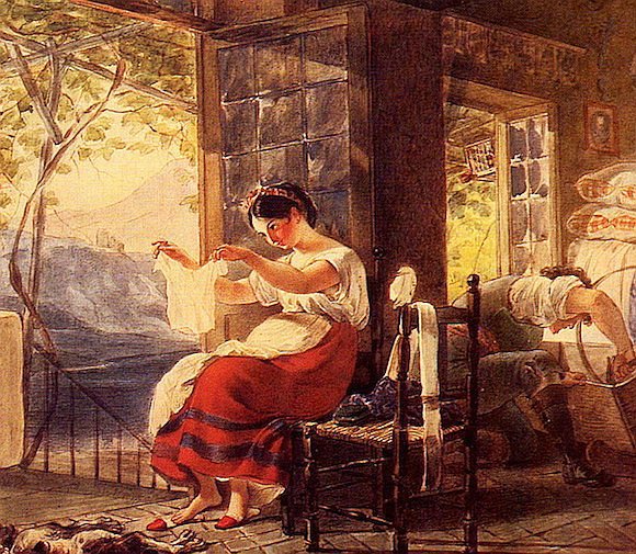 Карл Брюллов. «Итальянка, ожидающая ребенка, разглядывает рубашку, муж сколачивает мебель». 1831