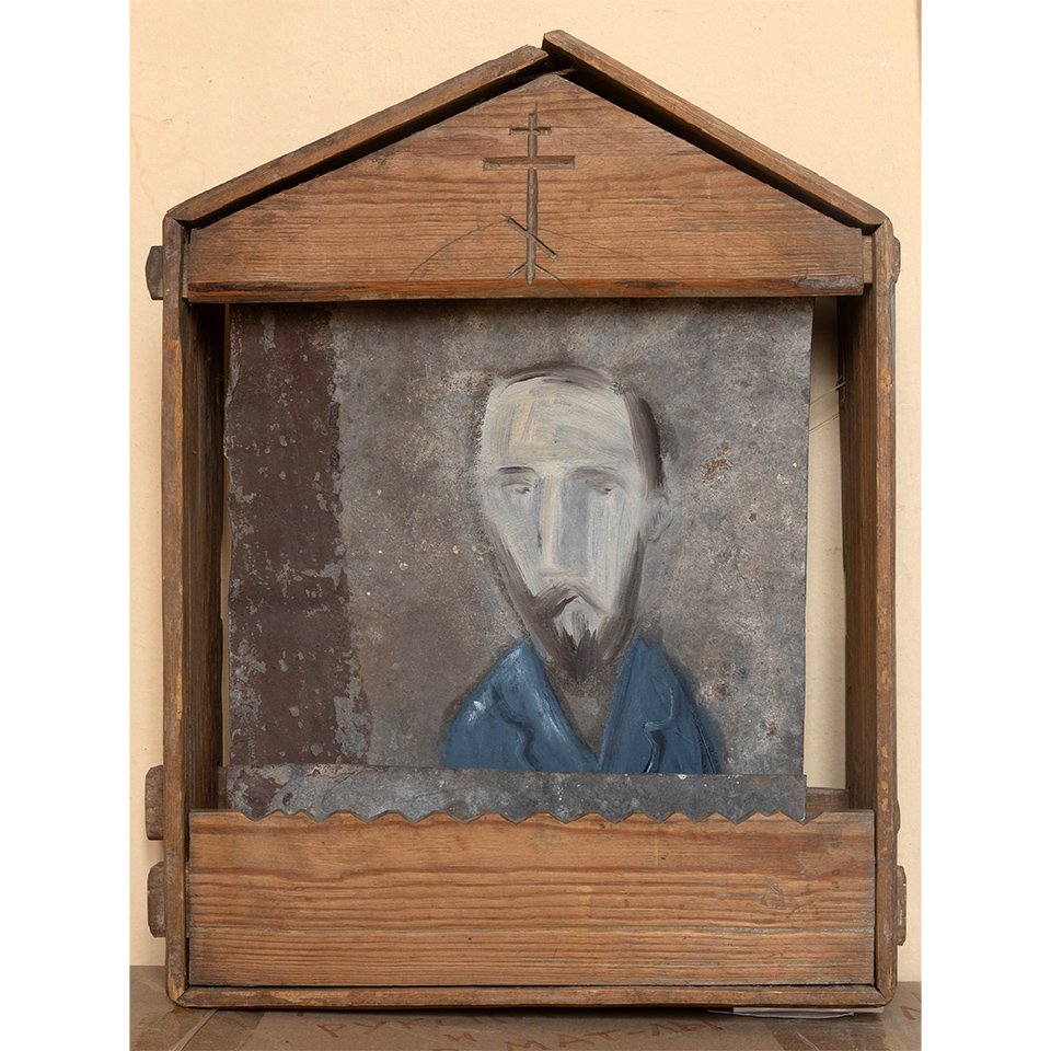 Ирина Затуловская. «Федор Достоевский». 2004. Деревянный киот.  Вологда, конец IX в.  Фото: Ирина Затуловская