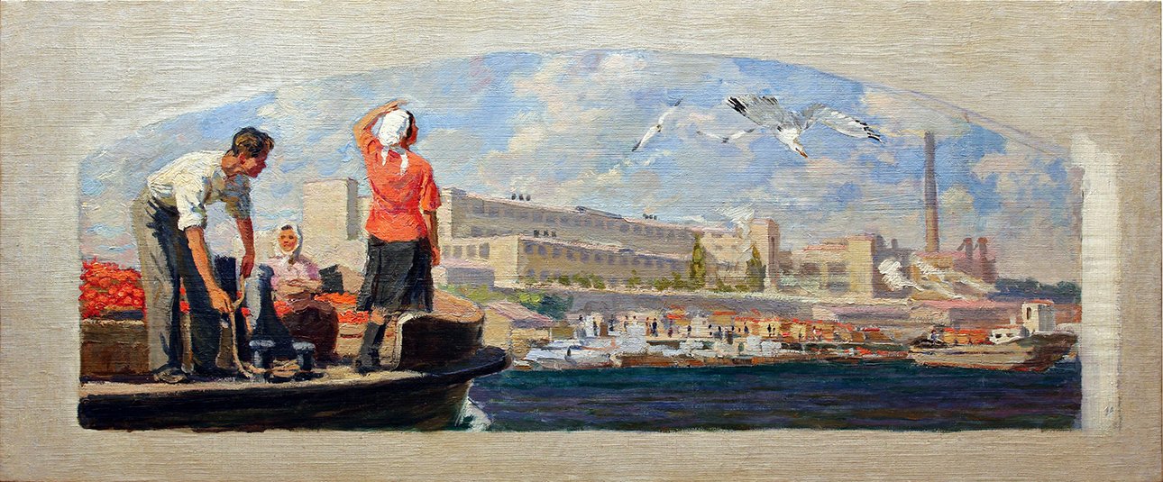 Екатерина Зернова. «Херсонский консервный завод». Эскиз росписи для оформления павильона «Главконсерв» на Всесоюзной сельскохозяйственной выставке (ВДНХ). 1953.  Фото: Антикварный салон «На Патриарших»