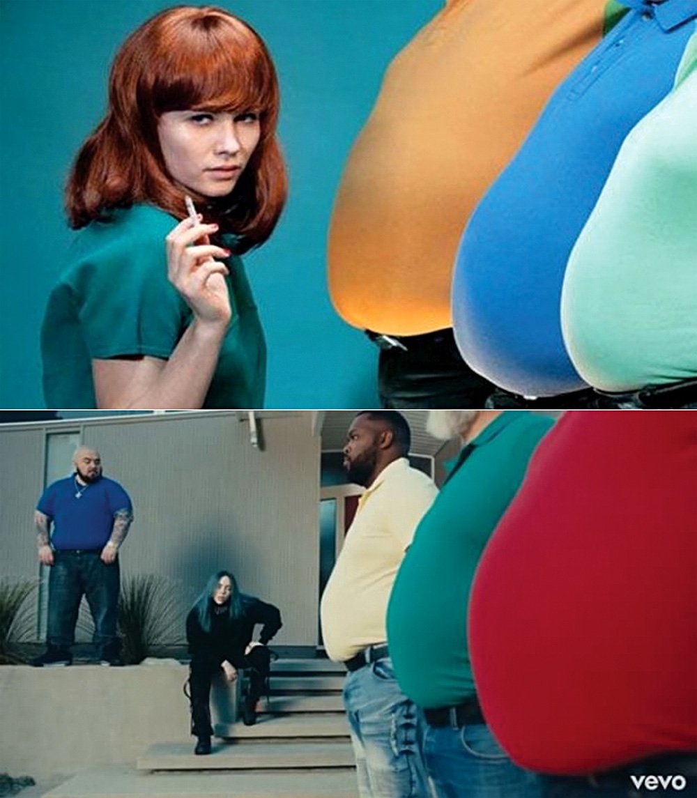 Сверху кадры из Toiletpaper, снизу — кадры из клипа Билли Айлиш. Фото: courtesy of Toiletpaper Magazine; Billie Eilish, Bad Guy screen shot