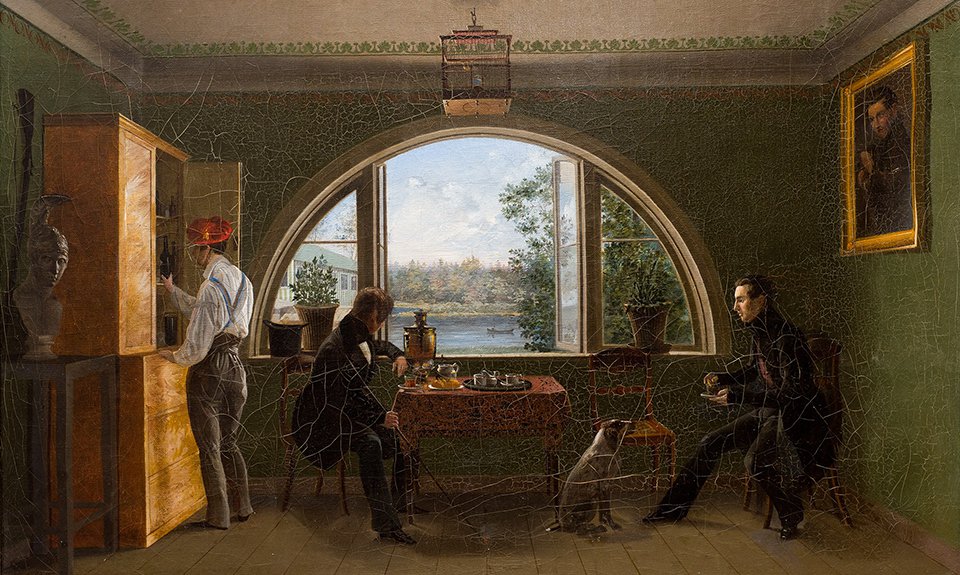 Иван Клюквин. «У товарища за самоваром. (В Петергофе)». 1837. Фото: Тверская областная картинная галерея