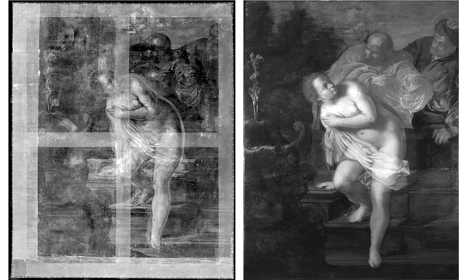 Рентгенография (слева) и инфракрасная рефлектография (справа) выявили изменения, внесенные Артемизией в композицию. Фото: Royal Collection Trust / His Majesty King Charles III 2023