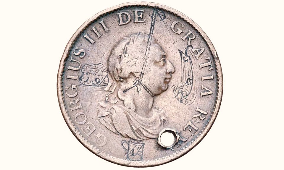 Надписи на монете в полпенни Георга III (1799) привлекают внимание к резкому росту цен на продукты питания. Фото: Tim Millett
