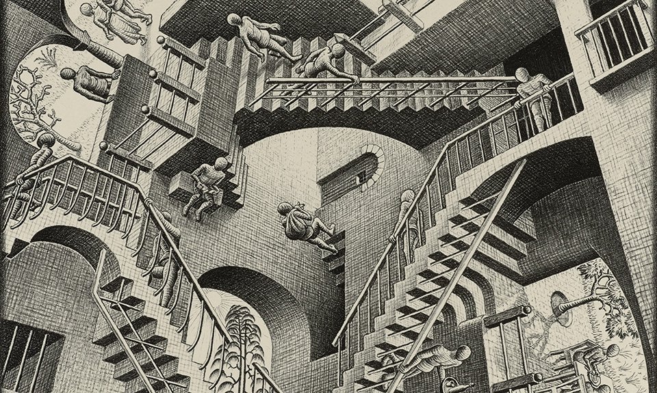 Мауриц Эшер. «Относительность». Фрагмент. Июль 1953. Фото:  Courtesy of Michael S. Sachs. All M.C. Escher works © The M.C. Escher Company, The Netherlands. All rights reserved.