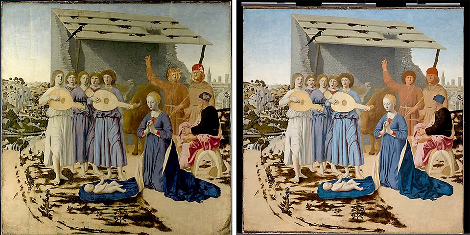 Картина «Рождество» до и после реставрации. Фото: The National Gallery, London