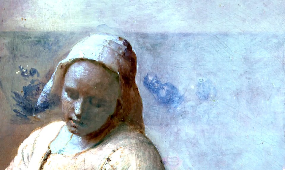 Фрагмент инфракрасного изображения «Молочницы», на котором видны кувшины, висящие на крючках. Позже они были закрашены. Credit: Rijksmuseum, Amsterdam