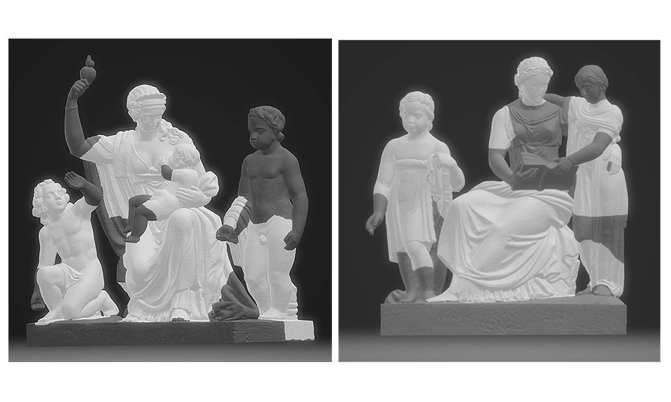 Скульптурная группы «Милосердие» и «Воспитание» в процессе реставрации. Фото: ВХНРЦ