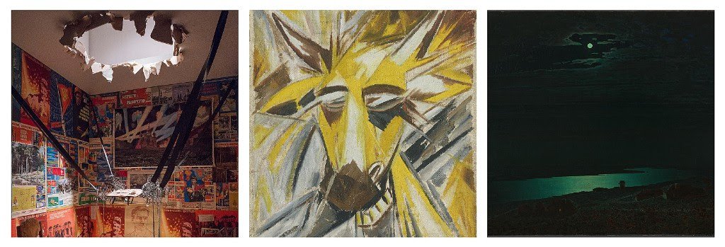 Илья Кабаков. «Человек, улетевший в космос из своей комнаты». 1985. Центр Жоржа Помпиду, Париж. Национальный музей современного искусства / Центр индустриального творчества. Фото: Ilya Kabakov Photo / Tate (Andrew Dunkley).Михаил Ларионов. «Голова быка». 1913. Фото: Государственная Третьяковская галерея.Архип Куинджи. «Ночь на Днепре». 1880. Фото: Государственная Третьяковская галерея