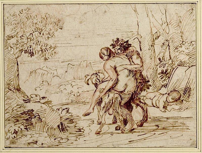 Никола Пуссен. Нимфа, седлающая козла, с сатиром и спящим амуром