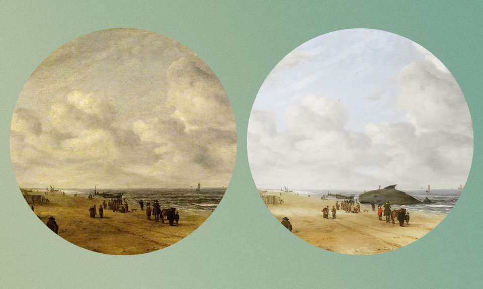Хендрик ван Антониссен. «Вид на Шевенингенские пески». 1641. Фрагмент до и после реставрации. Фото: Wikipedia Commons