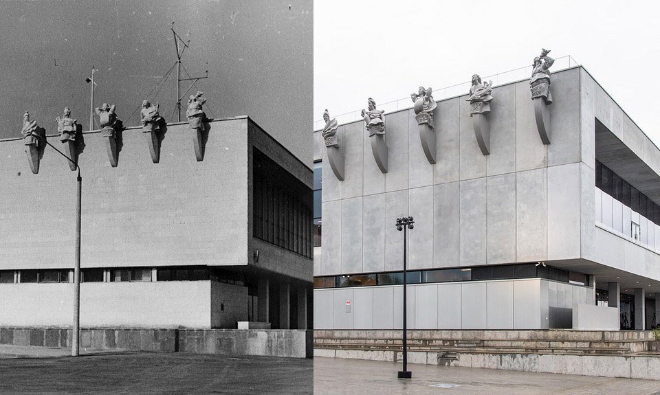 Фрагмент фасада Южного речного вокзала до и после реконструкции. Фото: Архив Бориса Орлова/www.mos.ru