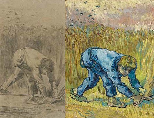 Рисунок Ван Гога «Жнец» 1881 года и более поздняя его картина на тот же сюжет 1889 года