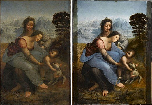 Леонардо да Винчи. «Святая Анна с Мадонной и младенцем Христом». 1503–1519. До и после реставрации