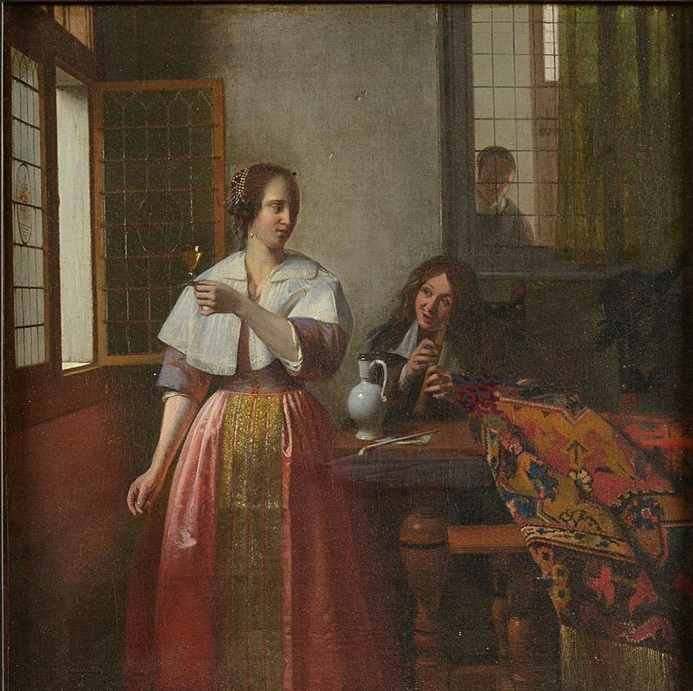 Неизвестный художник. «Девушка с бокалом вина и музыкант, играющий на флейте». 1660-е. Фото: Courtesy of Kaizerskapel, Antwer