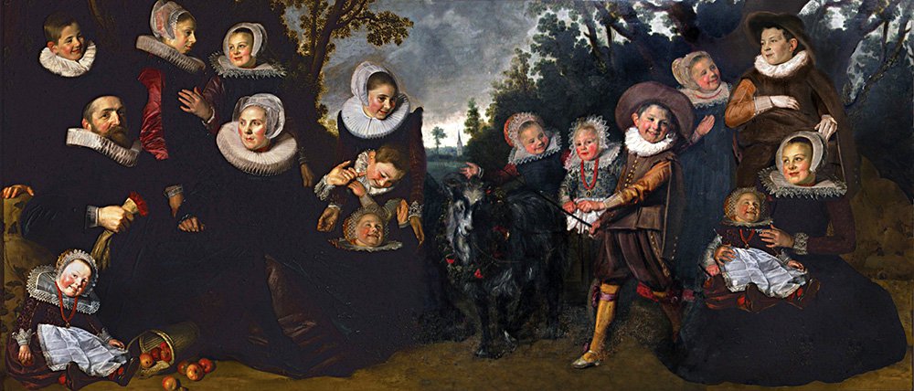 Реконструкция демонстрирует, как мог выглядеть оригинальный групповой портрет с двумя воображаемыми фигурами детей (справа внизу), отсутствующими на сохранившихся фрагментах. Фото: Liesbeth De Belie and Catherine van Herck