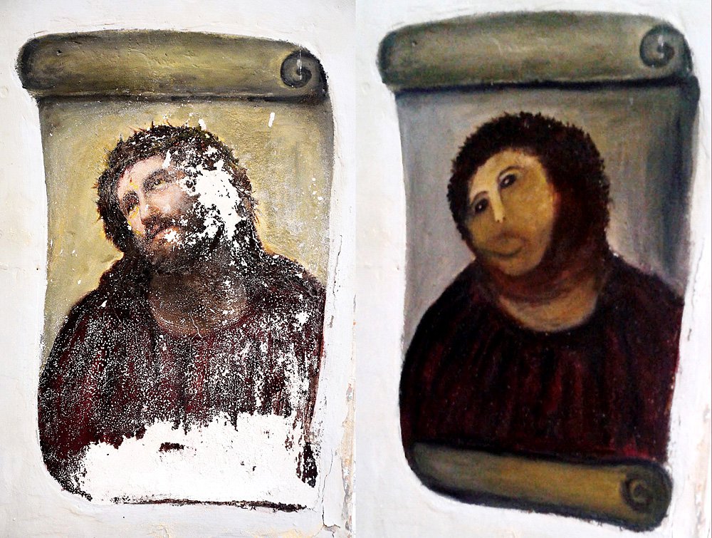 Самый громкий пример любительской реставрации — фреска XIX в. из церквииспанского города Борха. Фото: AP Photo/Centro de Estudios Borjanos, File/Eastnew