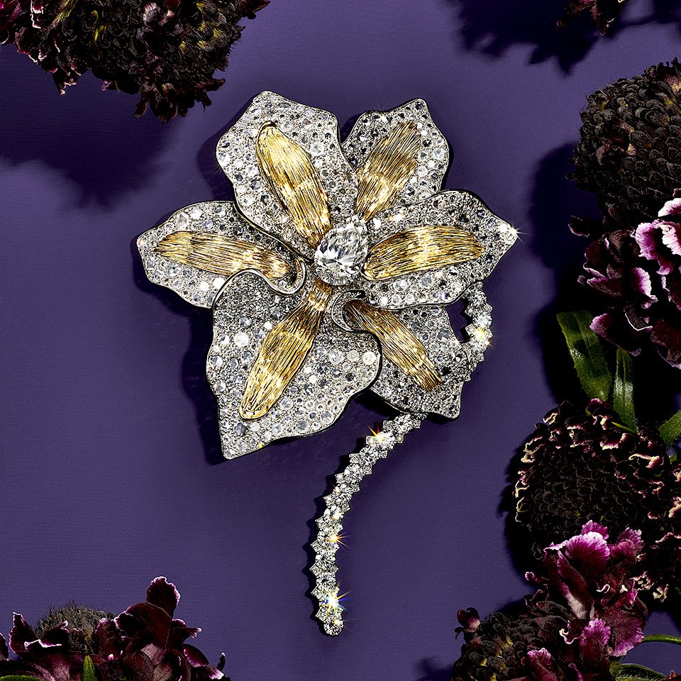 Брошь в виде орхидеи из платины и желтого золота с бриллиантами. Фото: Tiffany
