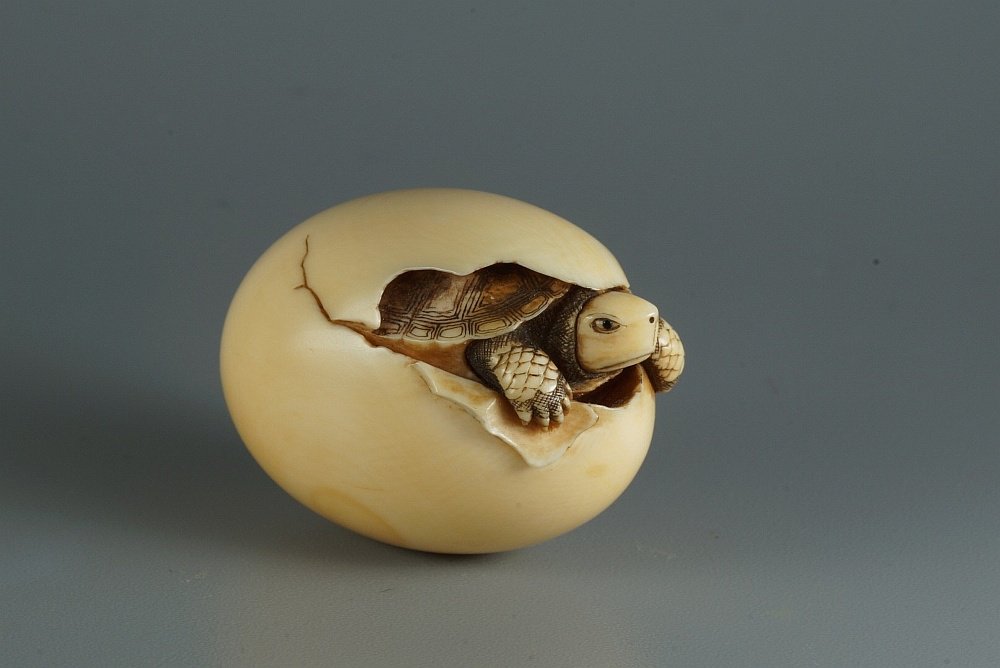 Черепаха, вылупляющаяся из яйца. Слоновая кость, рог, резьба, инкрустация. 44 мм / Мицухиро