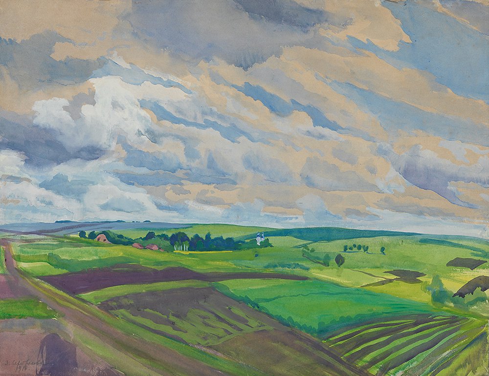 Зинаида Серебрякова. «Пейзаж. Село Нескучное Курской губернии». 1916. Бумага верже на картоне, темпера. Государственная Третьяковская галерея