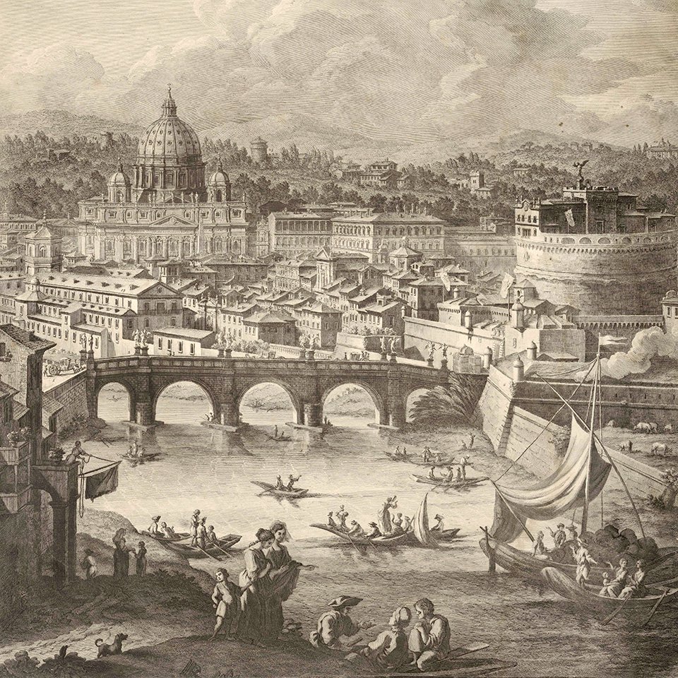 Джузеппе Вази. «Вид замка Св. Ангела и собора Св. Петра». 1765. Фрагмент.  Фото: архив Максима Атаянца