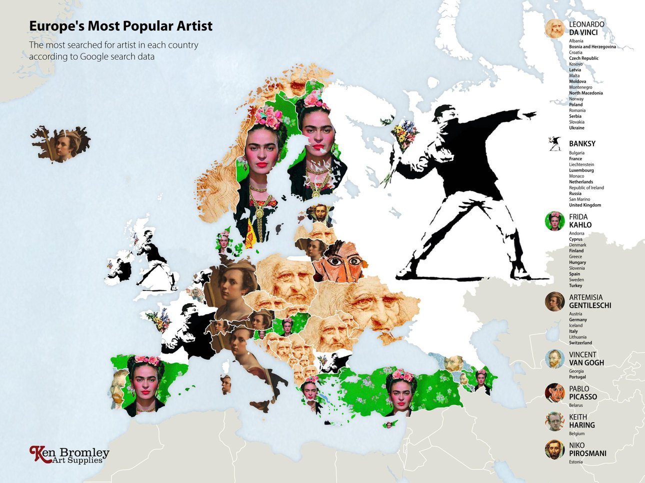 Эта карта показывает, какими художниками интересовались пользователи Google в Европе в 2020 г. Фото: Ken Bromley Art Supplie
