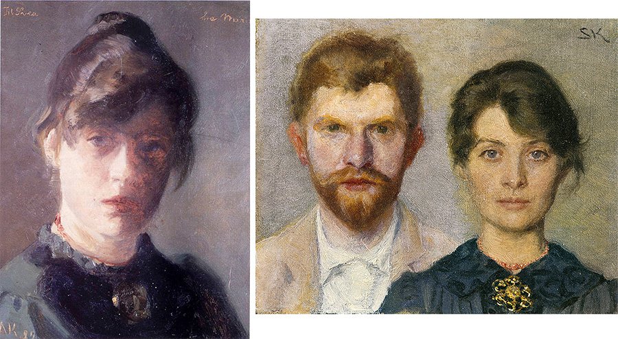 Мария Крёйер. «Автопортрет». Около 1900. Фото: Skagens MuseumПедер Северин Крёйер и Мария Крёйер. «Двойной портрет Марии и Педера Северина Крёйер». 1890. Фото: Skagens Museum