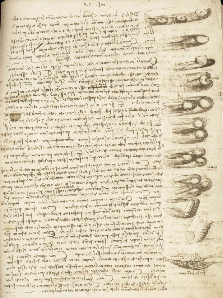 Лестерский кодекс Леонардо да Винчи. 1504–1508. Страница, изображающая огибающие препятствия потоки воды. Фото: Gallerie degli Uffizi