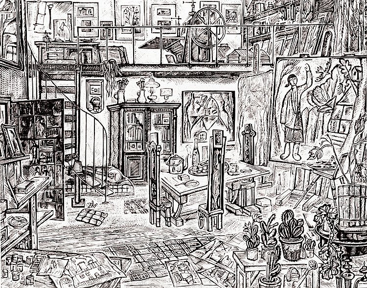 В. Н. Блинов. Мастерская Завена Аршакуни. Линогравюра. 1974
