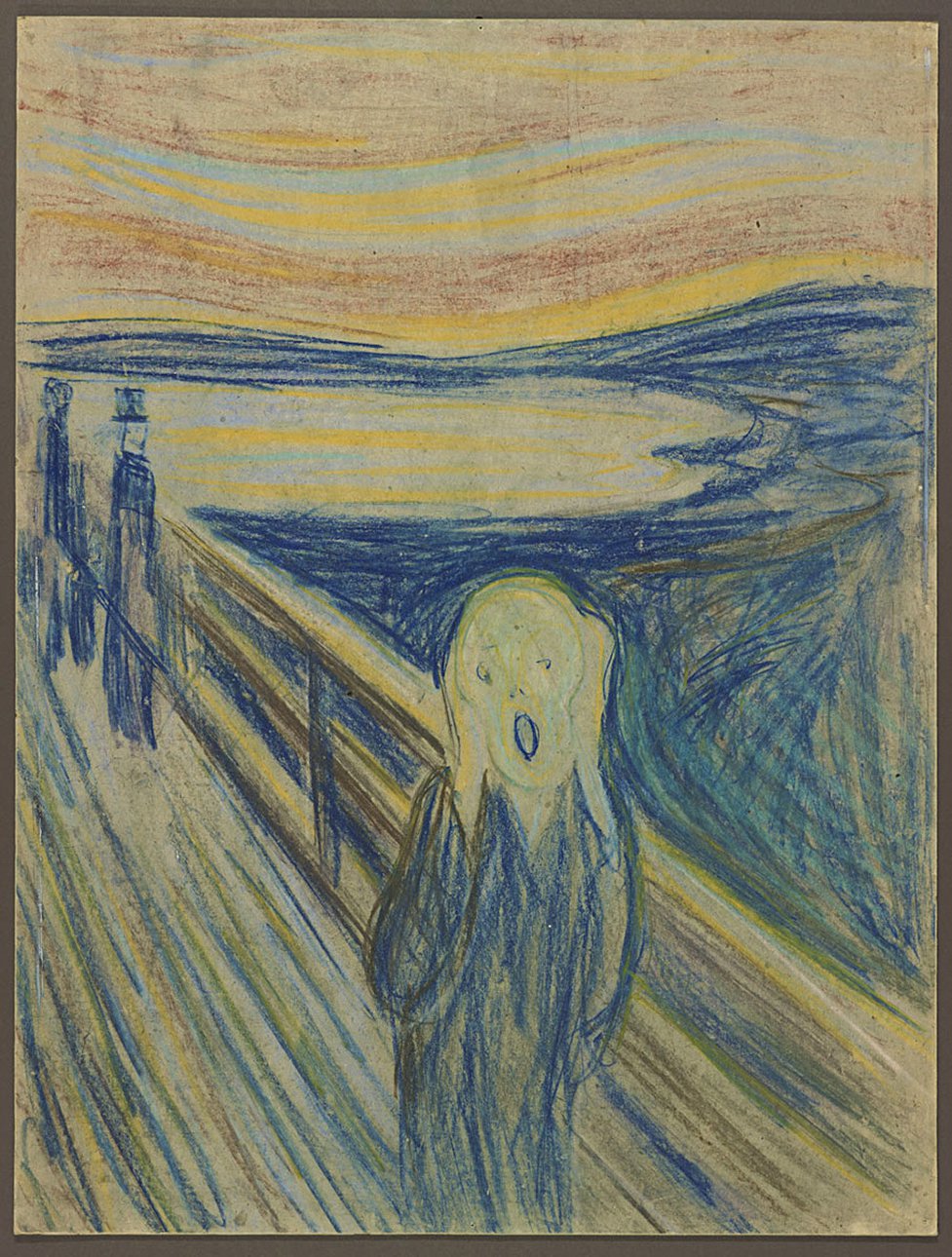 Эдвард Мунк. «Крик». 1893. Картон, пастель. Первый вариант композиции. Музей Мунка (Осло, Норвегия)