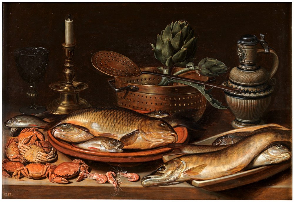 Клара Петерс. "Натюрморт с рыбой, свечой, артишоками, крабами и креветкой"© Museo Nacional del Prado