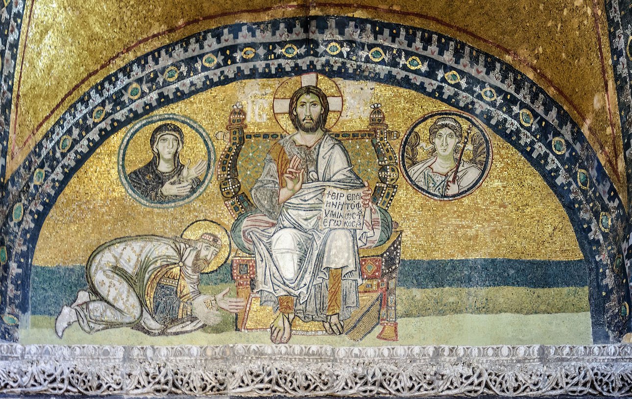 Император Лев VI преклоняет колени перед Иисусом Христом. Мозаика Святой Софии. Конец IX – начало X в. Фото: Myrabella / Wikipedia Commo