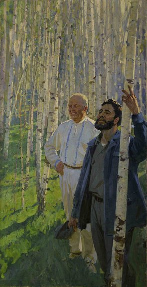 Марат Самсонов.  Н.С. Хрущев и Ф. Кастро в березовой роще. Начало 1960-х гг. Государственный музейно-выставочный центр «РОСИЗО»