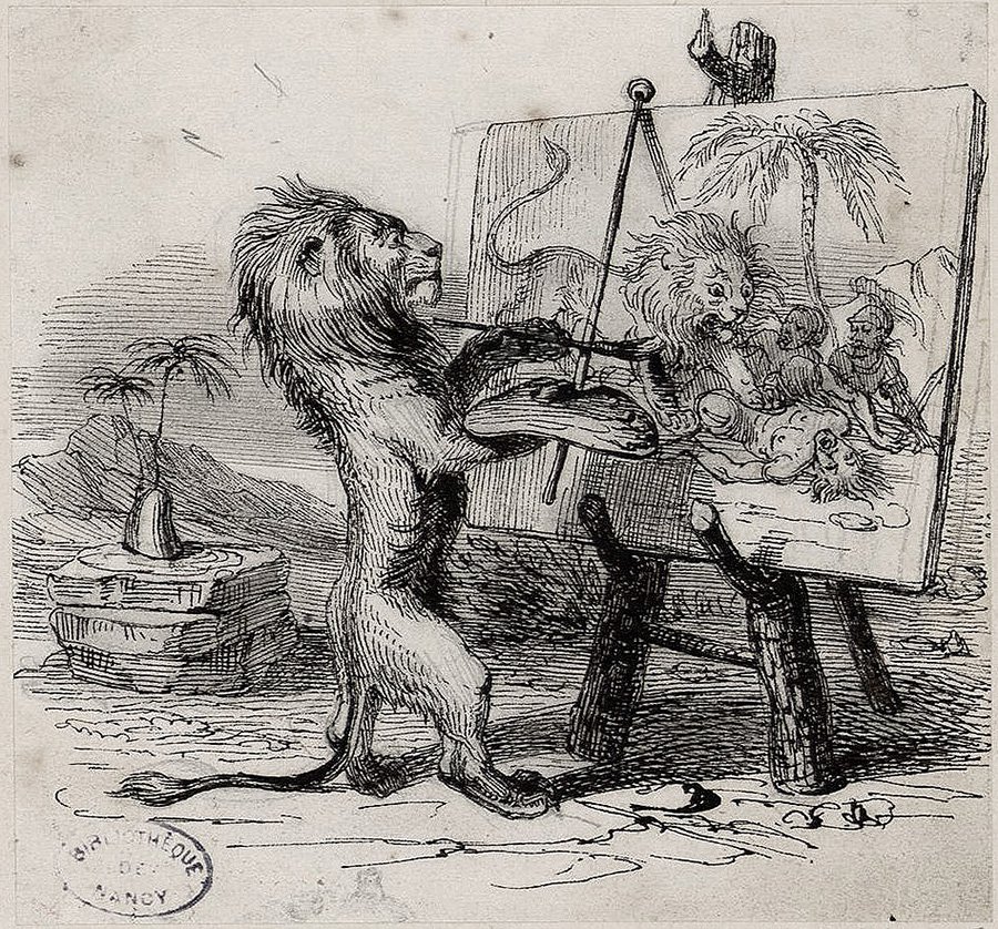 Жан Гранвиль. «Лев, сраженный человеком». Иллюстрация к басне Лафонтена. 1837–1838. Фото: Bibliothèques de Nancy