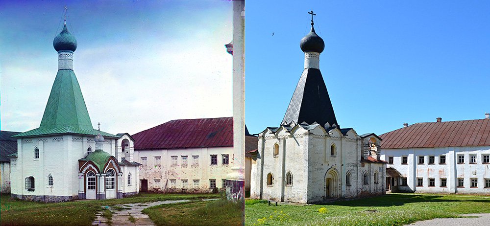Церковь Св. Ефимия (1653) в Кирилло-Белозерском монастыре. Слева — фото Сергея Прокудина-Горского 1909 г., справа — фото 2011 г. Фото: «Наследие С.М.Прокудина-Горского»