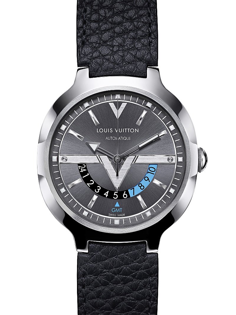 Часы Louis Vuitton Voyager GMT с кожаным браслетом и угольно-черным циферблатом
