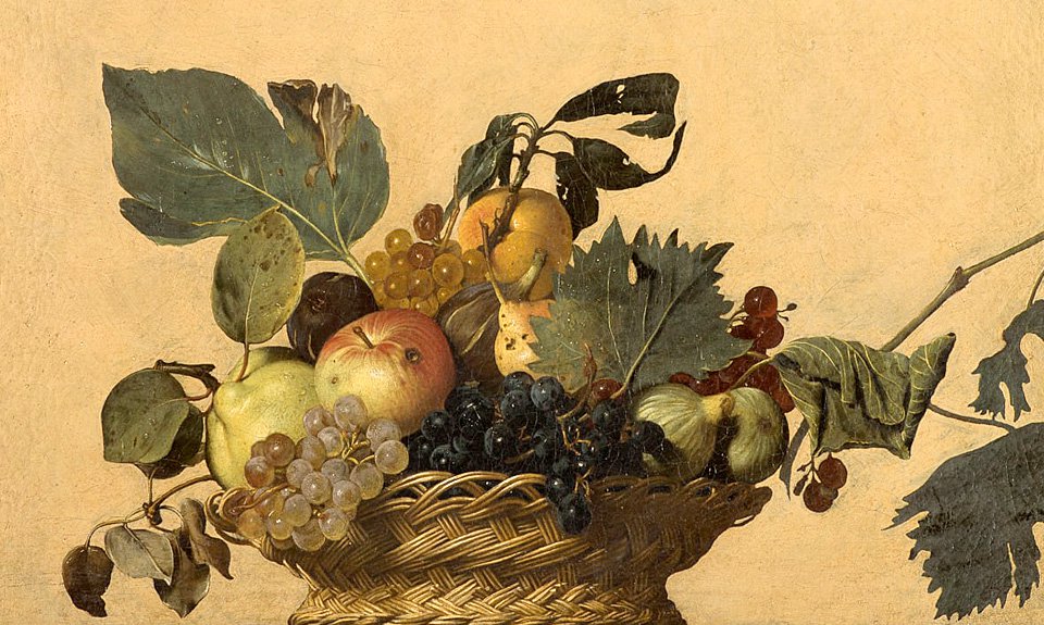 Караваджо. «Корзина с фруктами». Около 1596 года. Фрагмент. Оцифровано в 2021 году. Фото: Unit London