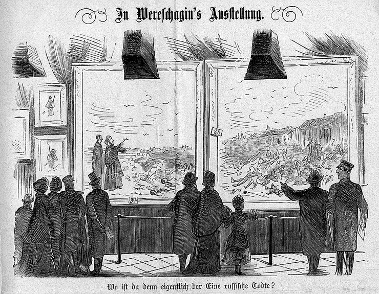 Карикатура на картины Василия Верещагина в еженедельнике Berliner Wespen. 1882. Фото: veniceconference.com