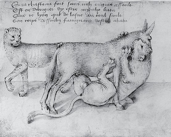 Лев нападает на осла, львица на фоне. Ок. 1480. Франко-фламандская школа
