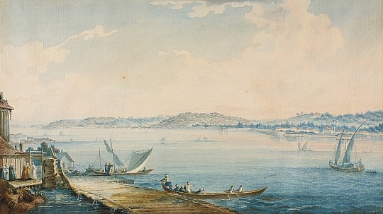 Г.С.Сергеев (?). Вид конца гавани Константинопольской и дворца султанского Айналы Кавак 1790-е. Бумага, акварель, белила. 37 x
