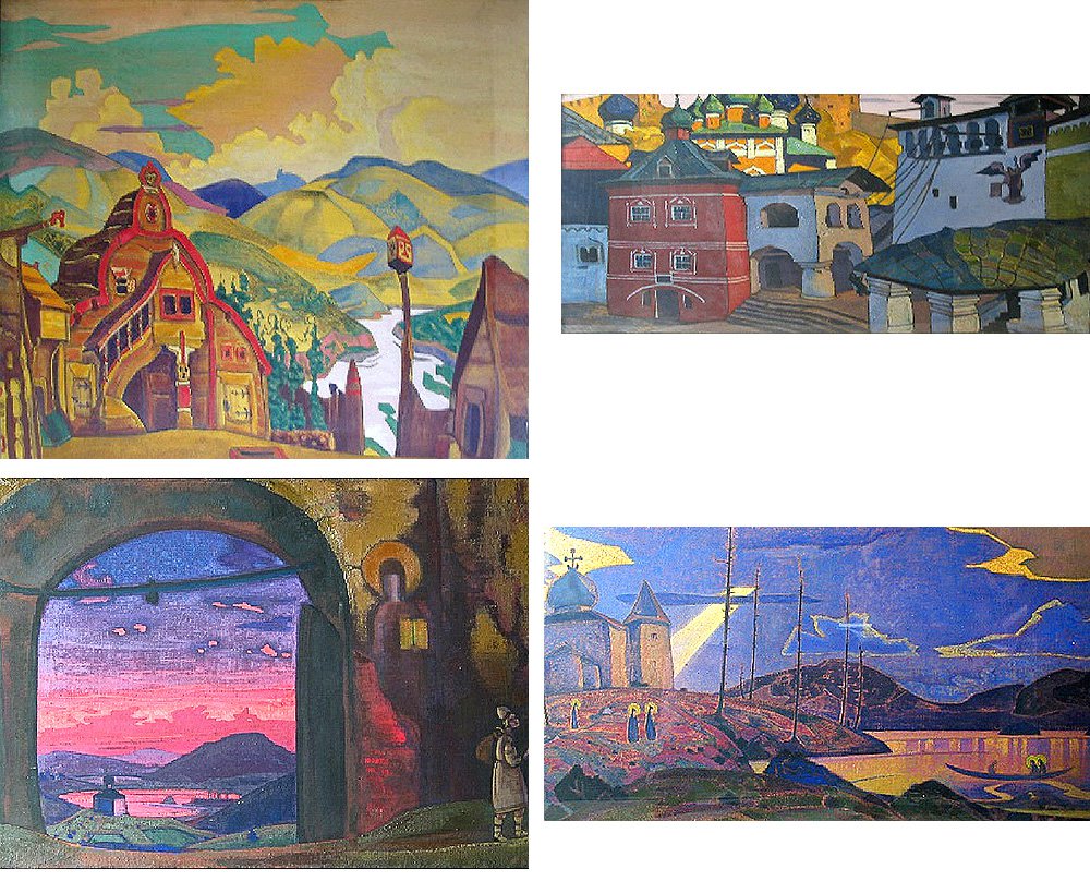 Верхний ряд, слева направо: «Берендеи. Деревня» (1921), «Звоны» («Благовест») (1919); нижний ряд, слева направо: «Преподобный Сергий Радонежский» (1922), «Благие посетившие» («Святые гости») (1923). Фото: Vreme