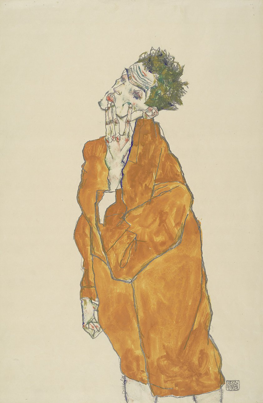 Эгон Шиле. «Автопортрет в оранжевой куртке». 1913. Карандаш, акварель, гуашь