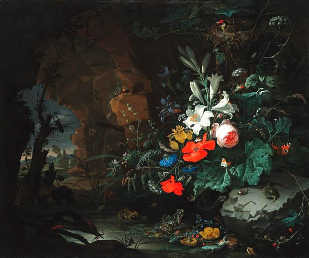 Абрахам Миньон. «Цветочный натюрморт с ящерицами, лягушками, бабочками и птицами в гроте». 1640–1679. Фото: Koller