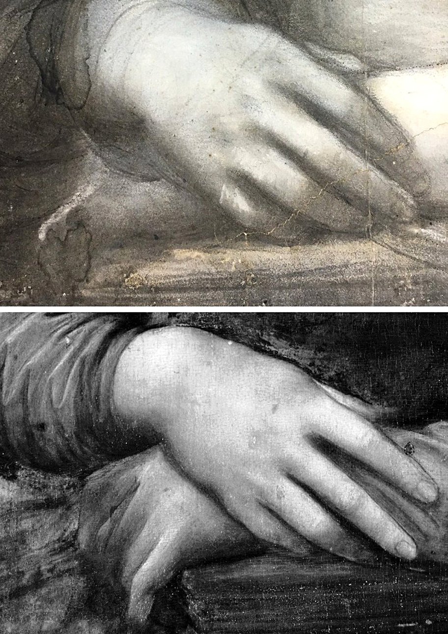 Сверху: правая рука «Обнаженной Джоконды». Снизу: инфракрасное изображение правой руки «Джоконды», сделанное в 2004 году в Лувре. Фото: artwatch.org.uk